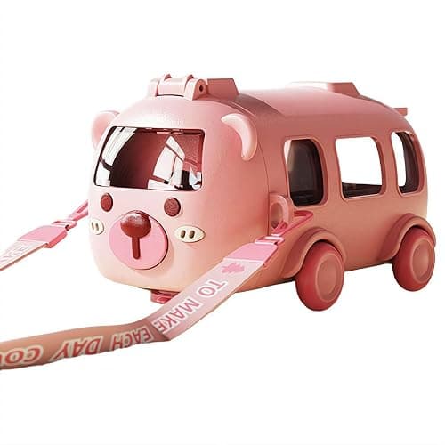 Portable Water Cup in Bus Shape with Strap 17Oz,Cute Bus Water Bottle with Straw,360°Leak-Proof Bounce Flip Top Straw Water Bottle,Detachable Fun Toy Bus Water Bottle for Boys Girls Camping Trips - Image 1