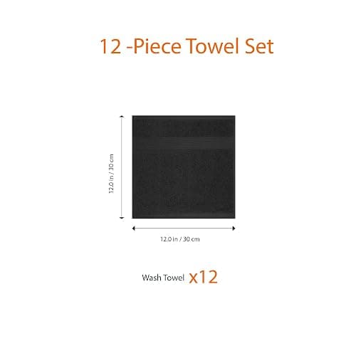 Amazon Basics Cotton Washcloths for Face, Soft, Absorbent, 12-Pack, Black, 12 Inch x 12 Inch thumbnail 3