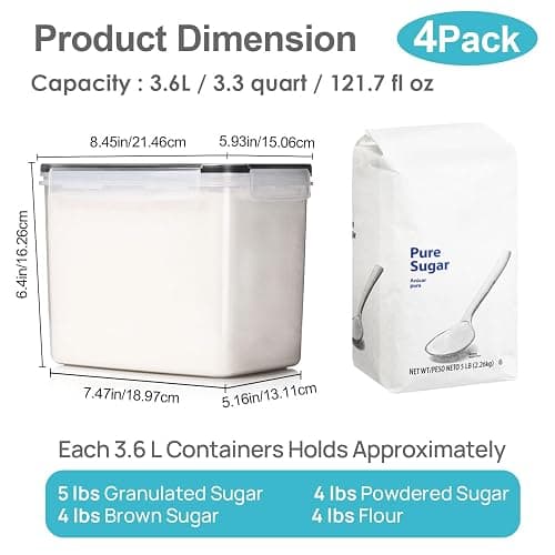 Vtopmart Food Storage Containers 3.3 quart / 3.6L, 4 Pieces BPA Free Plastic Airtight Canister for Flour, Sugar, Baking Supplies, with 4 Measuring Cups and 24 Labels,Black thumbnail 3