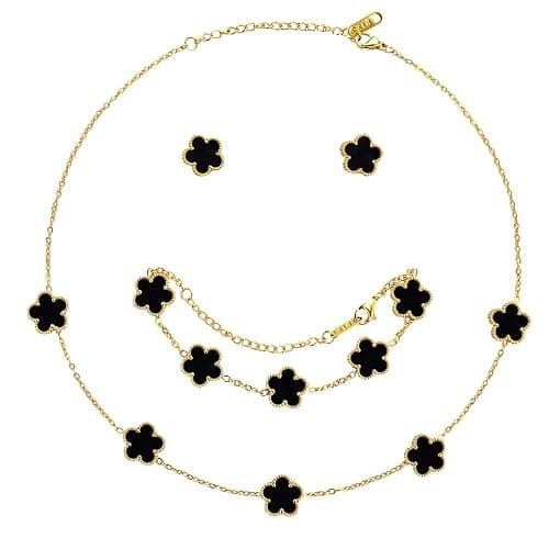 AmorArtSky Lucky Clover Jewelry Set - 18K Gold Plated Flower Design Five Leaf Bracelet, Necklace Pendant, Earrings for Women - Lucky Gifts for Mom, Wife, Daughter, Friends - Image 1