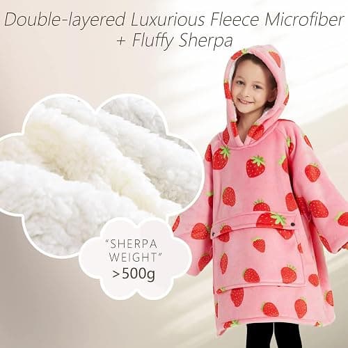 KFUBUO Wearable Blanket Hoodie for Kids Sherpa Patterns Oversized Sweatshirt Blanket With Pocket 6-10 Year Old Girl Cute Hoodies Gift Strawberry thumbnail 4