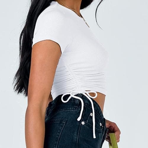 Kirozanny Women's Round Neck Short Sleeve Drawstring Side Slim Fit Stretchy Crop Tops thumbnail 3