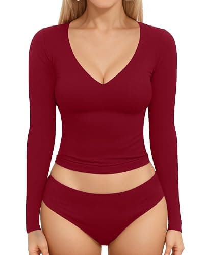 MANGOPOP Women's Double Lined Long Sleeve Tops V Neck T Shirts Fitted Basic Tee - Image 1