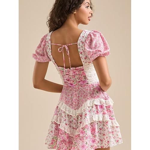 GUCURIN Women Floral Mini Dress Puff Sleeve V Neck Lace Patchwork Ruffle Tiered Backless Dress Senior Picture thumbnail 7