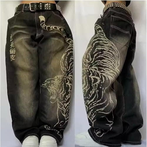 Xojbzoo Y2K Tiger Print Baggy Jeans Unisex Wide Leg Pants Retro Streetwear Hip Hop Denim Trousers thumbnail 4