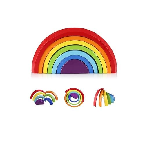 Tatum: Coogam Wooden Rainbow Stacker Nesting Puzzle Blocks - Tunnel Stacking Game Building Creative Color Shape Matching Jigsaw Learning Toy Set Board Early Development Gift for Kids Boy Girl - Image 1