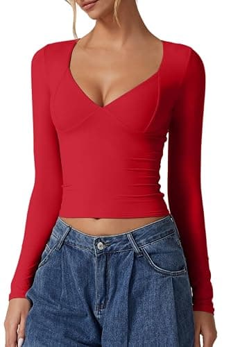 QINSEN Women's Long Sleeve V Neck T Shirts Double Lined Crop Top Seamed Cup Going Out Tops - Image 1