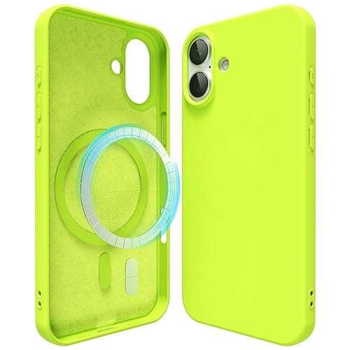 oakxco Silicone Case for iPhone 16 Plus Case Magnetic, Compatible with Magsafe Wireless Charging, Slim Thin Soft Rubber, Girly Cute Bright Hard Mag Safe Cover for Women, Fluorescent Neon Green Lime - Image 1