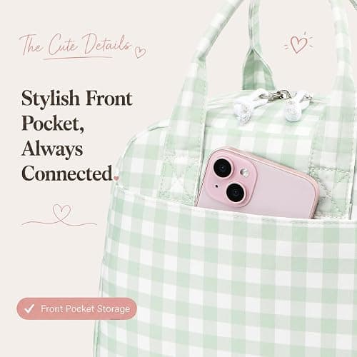 LOVELYWIND Lunch Box for Women, Insulated Lunch Bag, Green Gingham Lunch Tote thumbnail 6