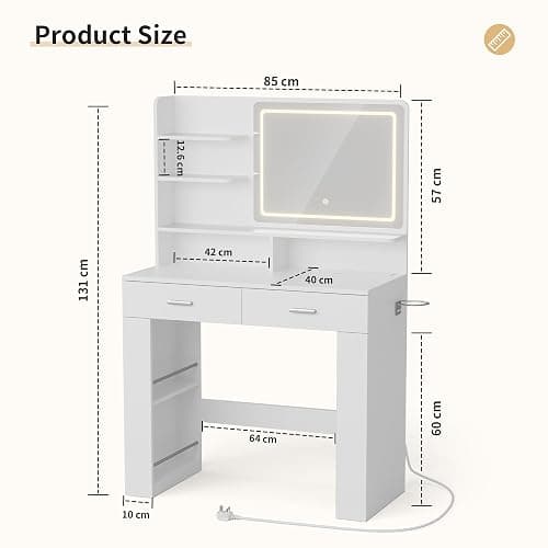 BonVache Dressing Table with LED Mirror, Vanity Desk with 3 Lighting Colours Mirror and Power Strip, Makeup Table Storage Set for Bedroom with 2 Drawers, 9 Open Shelves and Hair Dryer Holder, White thumbnail 2