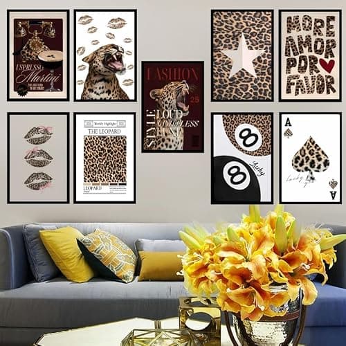 YIDINGX 9pcs Self-Adhesive Trendy Leopard Canvas Wall Art Cheetah Prints Wall Decor Pictures Lucky 8 Ball Posters Preppy Aesthetic Paintings for Girls Bedroom Decorations thumbnail 5