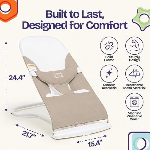 ComfyBumpy Portable Baby Bouncer, Organic Cotton, 3-Position Recline | Breathable Mesh Sides, 8-20 lbs Babies, Foldable Design, 3-Point Harness, Travel Carry Case (Taupe) thumbnail 2
