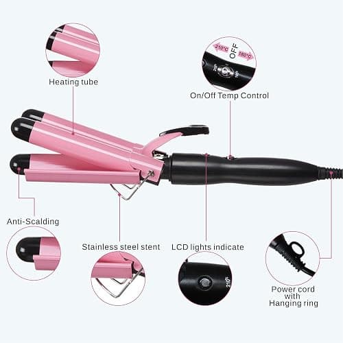 TOP4EVER 3 Barrel Curling Iron, 1 inch Crimper Hair Tool,Crimping Waver for Women Beach Waves with Two Temperature Settings, Pink thumbnail 3