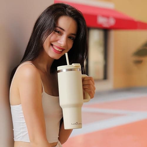 Labulabla 40oz Tumbler with Handle,Double Wall Vacuum Reusable Stainless Steel Insulated Water Bottle,With Leak Proof lid and Straw for Iced or Cold Beverages (Beige) thumbnail 5