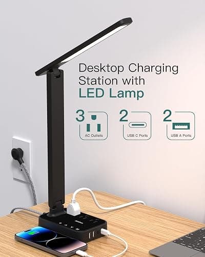 Addtam LED Desk Lamp, Power Strip with 3 Outlets 4 USB Charging Ports(2 USBC), 4 Modes 5 Level Brightness Touch Lamp, Small Desk Lamp for Home Office College Dorm Room Essentials thumbnail 2
