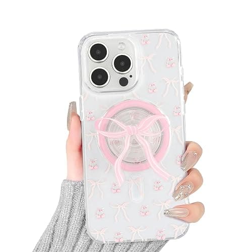 DALIHEBO Magnetic Case for iPhone 12 Pro Max, 3D Pink Magnetic Stand Bowknot Phone Case, Cute Pink Clear Bow Aesthetic Design Soft Durable TPU Transparent Protective Cover for Women Girls-01 thumbnail 2