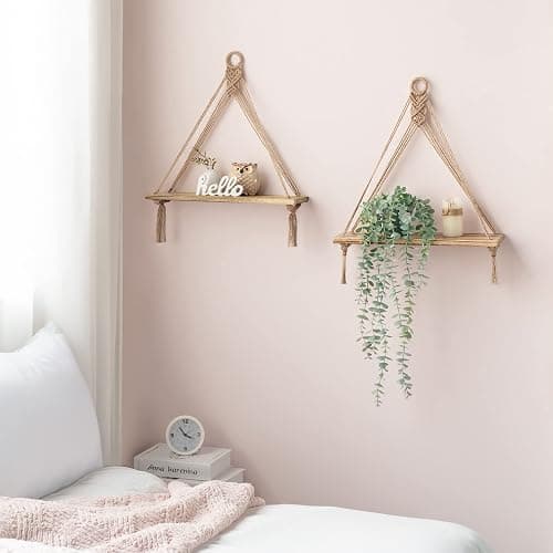 Mkono Macrame Hanging Shelves Boho Wall Decor Set of 2 Rustic Wood Floating Storage Shelf for Bedroom Bathroom Living Room Nursery Dorm Room, Display Shelving for Hanging Plants Photos thumbnail 2