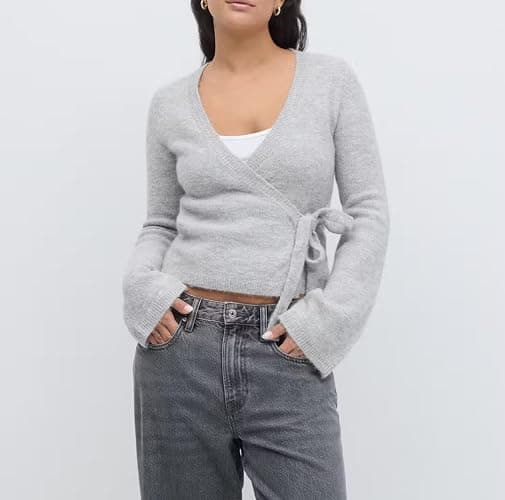 Mxiqqpltky Wrap Knit Tops for Women Y2k Lightweight Sweater Top Long Sleeve V Neck Side Tie Fitted Cropped Sweaters thumbnail 5