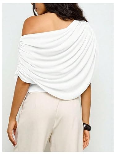 Milumia Women's Off The Shoulder Ruched Mesh Top Draped Asymmetrical Short Sleeve T Shirts thumbnail 2