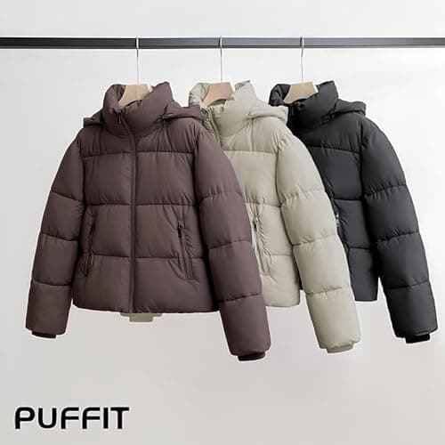 PUFFIT Women's Cropped Puffer Jackets,Warm Winter Jacket with Removable Hood,Zipped Pockets,Short Ladies Quilted Coat thumbnail 4
