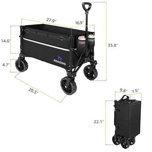 ROSONG Collapsible Wagon Cart with Wheels Foldable - Folding Utility Heavy Duty Wagons Carts for Grocery Sports Garden Shopping Camping - Black - 120L thumbnail 2