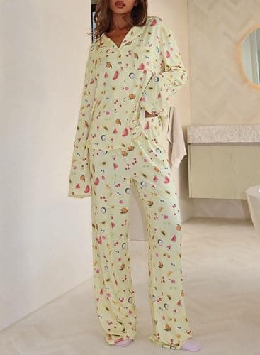 Giraropa Women Fruit Pajamas 2 Piece Pajama Sets Long Sleeve Button Down Shirt Elastic Waist Pants Set Loungewear thumbnail 3
