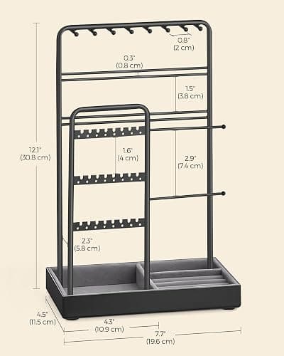 SONGMICS Jewelry Holder, Jewelry Organizer, Jewelry Display Stand with Metal Frame and Velvet Tray, Necklace Earring Bracelet Holder, for Studs, Rings, Christmas Gift, Black UJJS021B01 thumbnail 3
