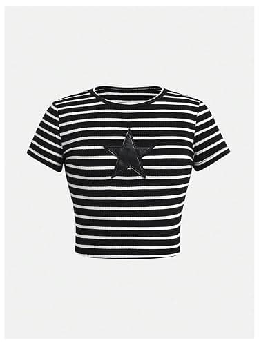 SOLY HUX Girl's Y2k Striped Star Graphic Vintage Crop Tops with Arm Sleeves | Goth Style, Scene, Grunge Tops，Slim Fitted, Short Sleeve, Fall Outfits, Casual T Shirt thumbnail 3