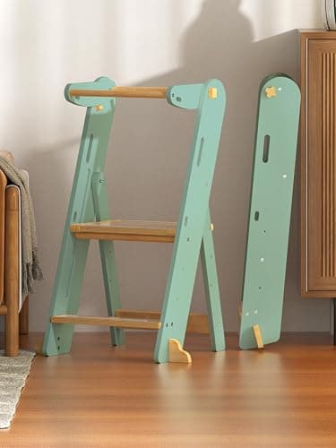 GROWNSY Foldable Step Stool Toddler Tower, Toddler Kitchen Stool Helper, Collapsible Kids Standing Learning Tower with 3 Adjustable Heights and Safety Net for Kitchen Bathroom Sink Counter (Green) thumbnail 2