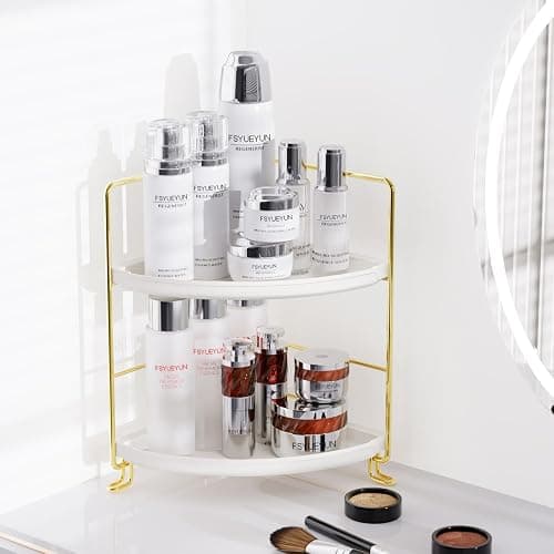 FSyueyun 2-Tier Corner Bathroom Counter Organizer, Tool-Less Installation Vanity Shelf Small Plastics Countertop Makeup Tray Skincare Perfume Organizers (Gold) thumbnail 3