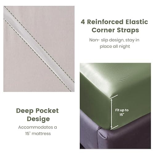 Revdomfly 4 Pcs Full Size Luxury Silky Soft Olive Green Satin Sheet Set,1 Premium Moisture Wicking Fitted Sheet Fits Up to 16 Inches Deep Pocket + 1 Flat Sheet + 2 Pillowcases（Olive Green, Full） thumbnail 7