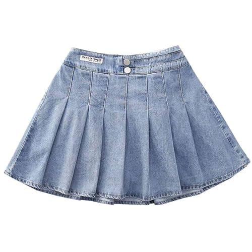 Milokado 3-13 Years Skirts for Teen Girls Blue Elastic High Waist A Line Pleated Denim Skirt - 9-10 Years - Blue - Image 1