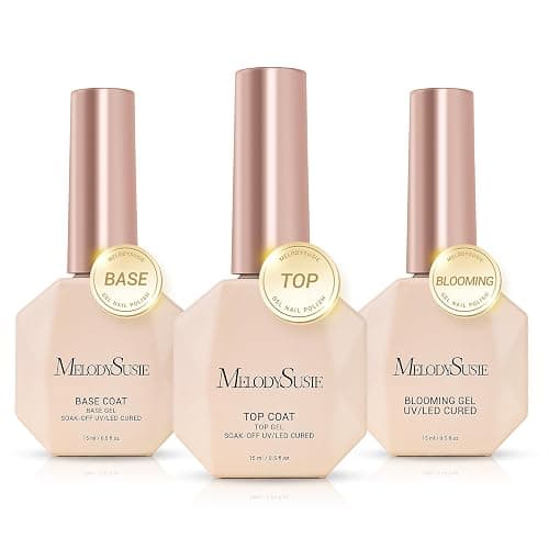 MelodySusie No Wipe Glossy Top Coat Base Coat Blooming Gel Set Long Lasting Shine Finish Soak Off UV LED Nail Lamp Nail Art Design Manicure Kit Perfect Gifts for Women Girls 3 Pcs 15ml - Image 1