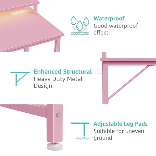 Lufeiya Girls Desk with Power Outlets and LED Lights, 40 Inch Gaming Desk Table with Charging Station, Home Office Computer Desks with Monitor, Pink thumbnail 9