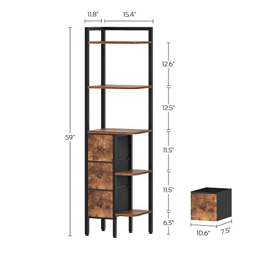 YATINEY Corner Shelf Stand, 5-Tier Corner Bookshelf with 3 Drawers, Industrial Display Shelf for Narrow Spaces, Wooden Small Bookcase, Easy Assembly, Rustic Brown and Black CJ10BR thumbnail 3
