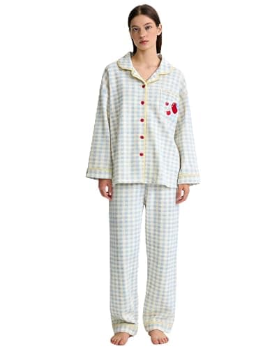 Neglance Cute Gingham Pajama Sets Women Girls Soft 2 Piece Sleepwear Long Sleeve Loungewear with Apple Embroidery Daily Wear - Image 1