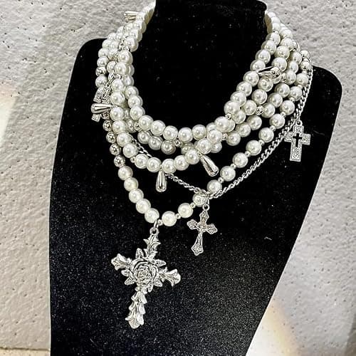 KURTCB Layered Pearl Cross Jewelry Set Statement Chunky Y2k Gothic Pearl Necklace and Earrings Bracelet for Women thumbnail 3