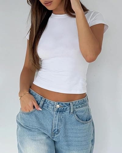 Mousnipy Women's Basic Summer Short Sleeve Crewneck T-Shirts Y2K Cute Going Out Tops Baby Tee thumbnail 2