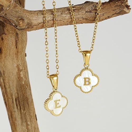 Zocqol 14K Gold Plated Clover Initial Necklaces for Women Trendy: Dainty Stainless Steel Four-Leaf Clover Letter Necklace for Women Non Tarnish Shell Necklace thumbnail 5