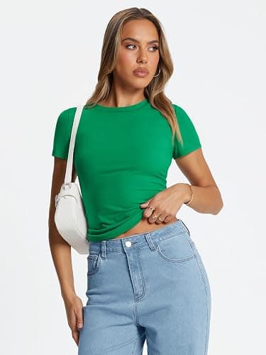 Trendy Queen Womens Basic T Shirts Summer Tops 2025 Crop Short Sleeve Slim Fit Tee Cute Gym Workout Clothes thumbnail 5