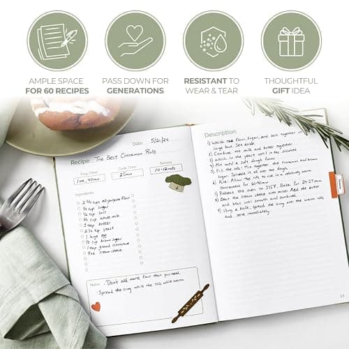 Kikaze Collection Blank Recipe Notebook | Small Blank Recipe Book to Write in Your Own Recipes | Artisan Hardcover Journal for 60 Recipes | 8.4” x 6” Leather Sage Green & Gold Hardcover | Tabs, Stickers, Pocket & Bookmarks thumbnail 9