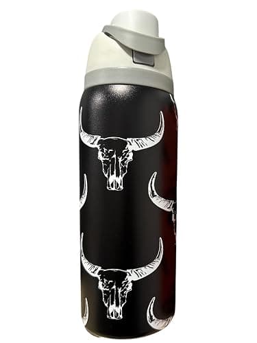 Stainless steel water bottle 40oz cup Longhorn Bottle Bull tumbler Cow gift Western water bottle cup (32oz White(72)-Black Longhorn(TPJ10)) - Image 1