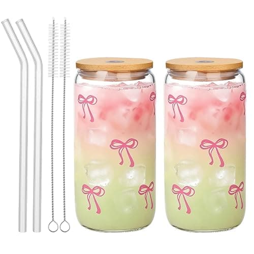 GLECTG 2 Pcs Cute Pink Bow Glass Cups with Lids & Straws, Aesthetic Iced Coffee Cup, Girly Preppy Design Tumbler Mug, Birthday Valentine Gifts for Women, Teen Girl Gifts Trendy Stuff 16OZ - Image 1
