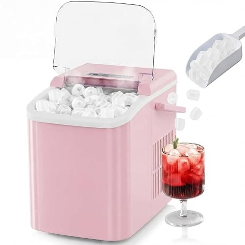 NEWBULIG Ice Makers Countertop with Handle, Portable Ice Machine, 9 Bullet Ice Cubes in 6 Mins, 26lbs in 24Hrs, Auto-Cleaning, with Basket and Scoop, for Home, Kitchen, RV, Camping,Light Pink - Image 1