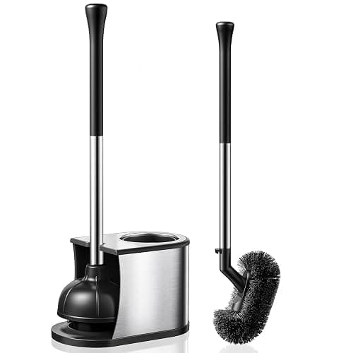 HAMITOR Toilet Plunger and Brush Set: 2 in 1 Stainless Steel Rustproof Combo with Deep Cleaning Curved Bristles - Heavy Duty Toilet Unclogging for Family Bathroom - Compact Apartment Accessories - Image 1