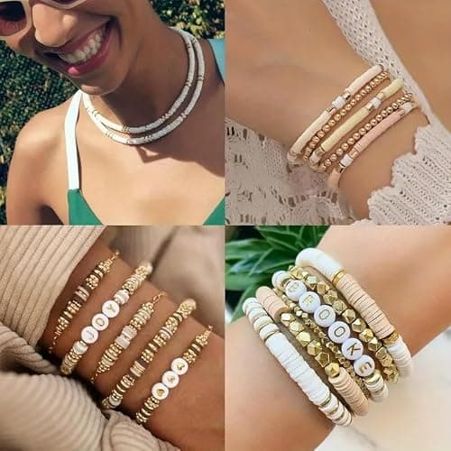 24-Grid DIY Clay Beads Bracelet Kit - 4 Soft Beige Colors Polymer Clay Beads + Golden Spacer Beads & Alphabet Beads + 5m Elastic String for Jewelry Making, Friendship Bracelets & Gift Crafts thumbnail 3