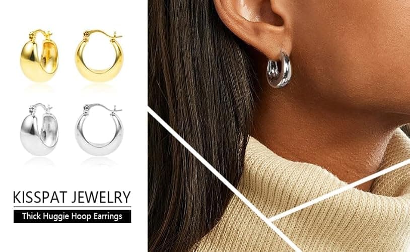 KISSPAT Sterling Silver Chunky Hoop Earrings for Women Hypoallergenic Thick Huggie Earring Wide Hoops Everyday Hoop Earrings thumbnail 3