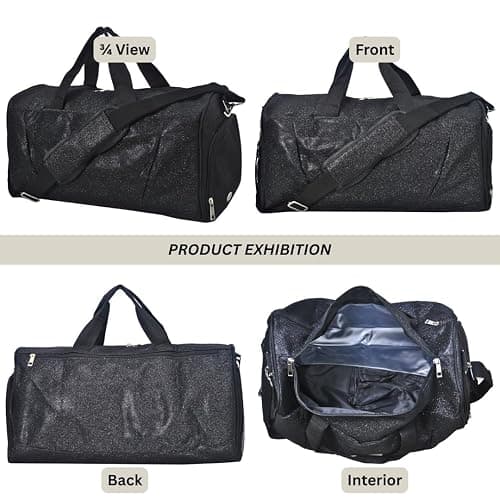 NGIL Glitter Cheer Gym Duffel Bag with Shoe Compartment, Small Travel Tote, and Overnight Carry-On for Women (Glitter-Black) thumbnail 5