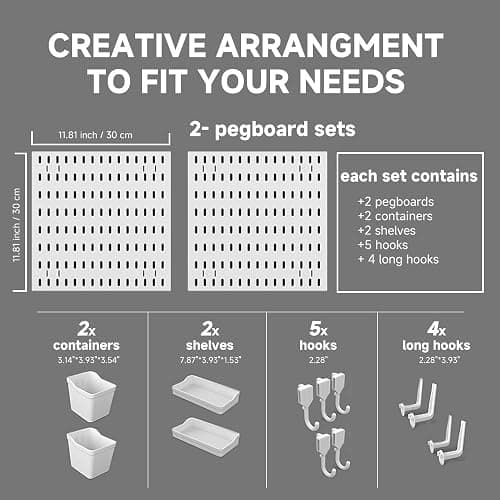 Tuzau Pegboard Wall Organizer, Wall Mounted Storage Set with 2 Pegboards & 13 Accessories, 23.6" x 11.81" White Peg Board Organizer thumbnail 6