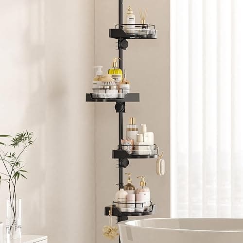 shuang qing 360° Rotating Corner Shower Caddy Tension Pole Organizer - 4-Tier Adjustable Rustproof Metal Pole, Plastic Shelves with Safety Guardrail, Bathroom Storage for Shower & Bathtub(Black) thumbnail 7
